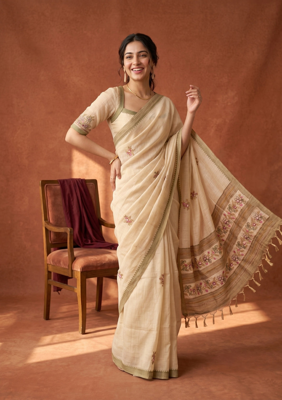 Beige Chanderi Threadwork Saree With Matching Blouse Piece