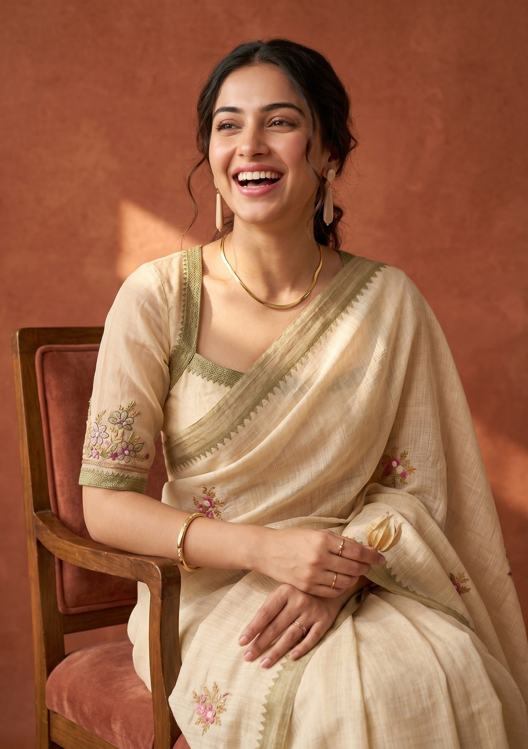 Beige Chanderi Threadwork Saree With Matching Blouse Piece