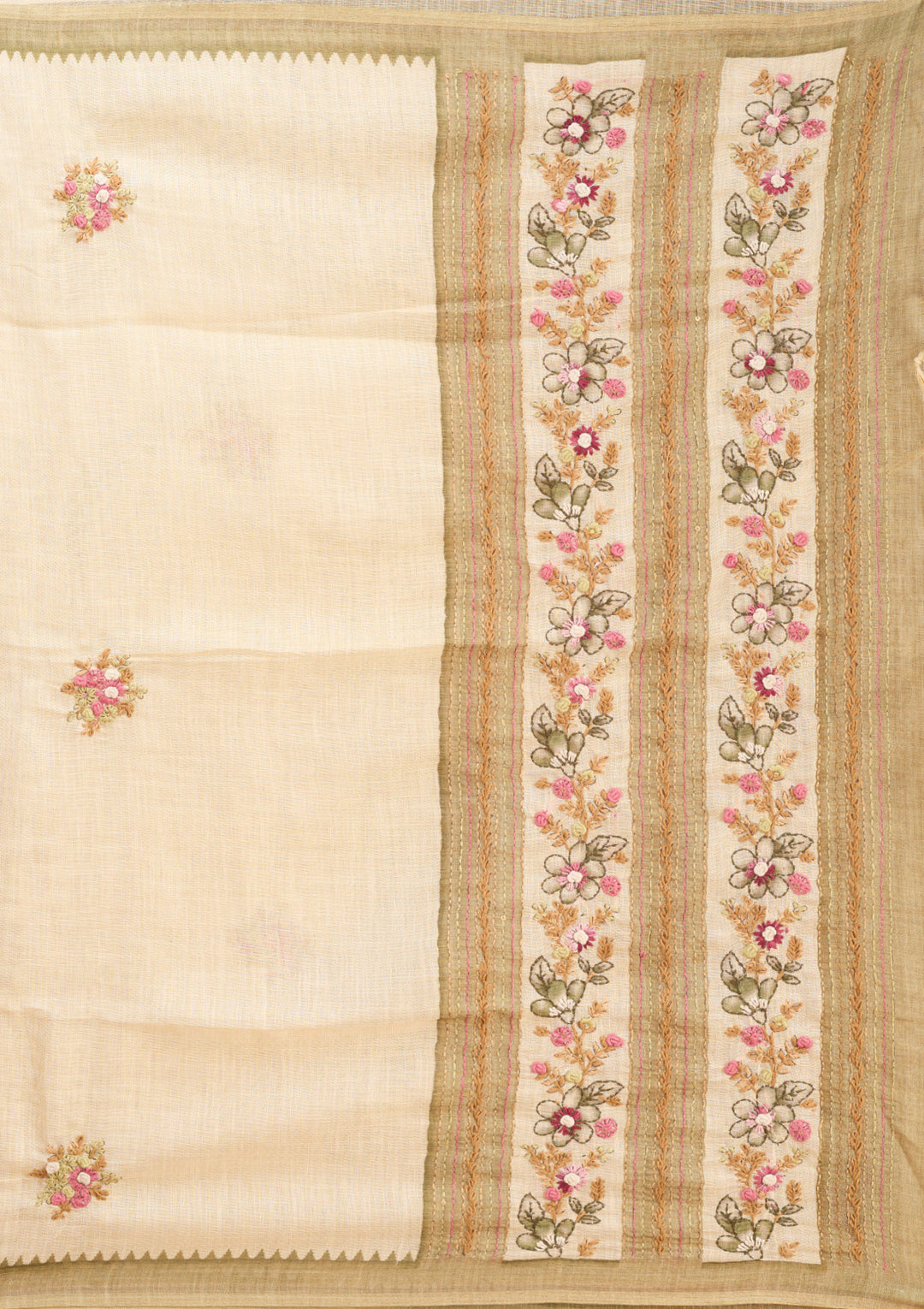 Beige Chanderi Threadwork Saree With Matching Blouse Piece