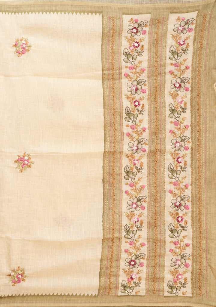 Beige Chanderi Threadwork Saree With Matching Blouse Piece