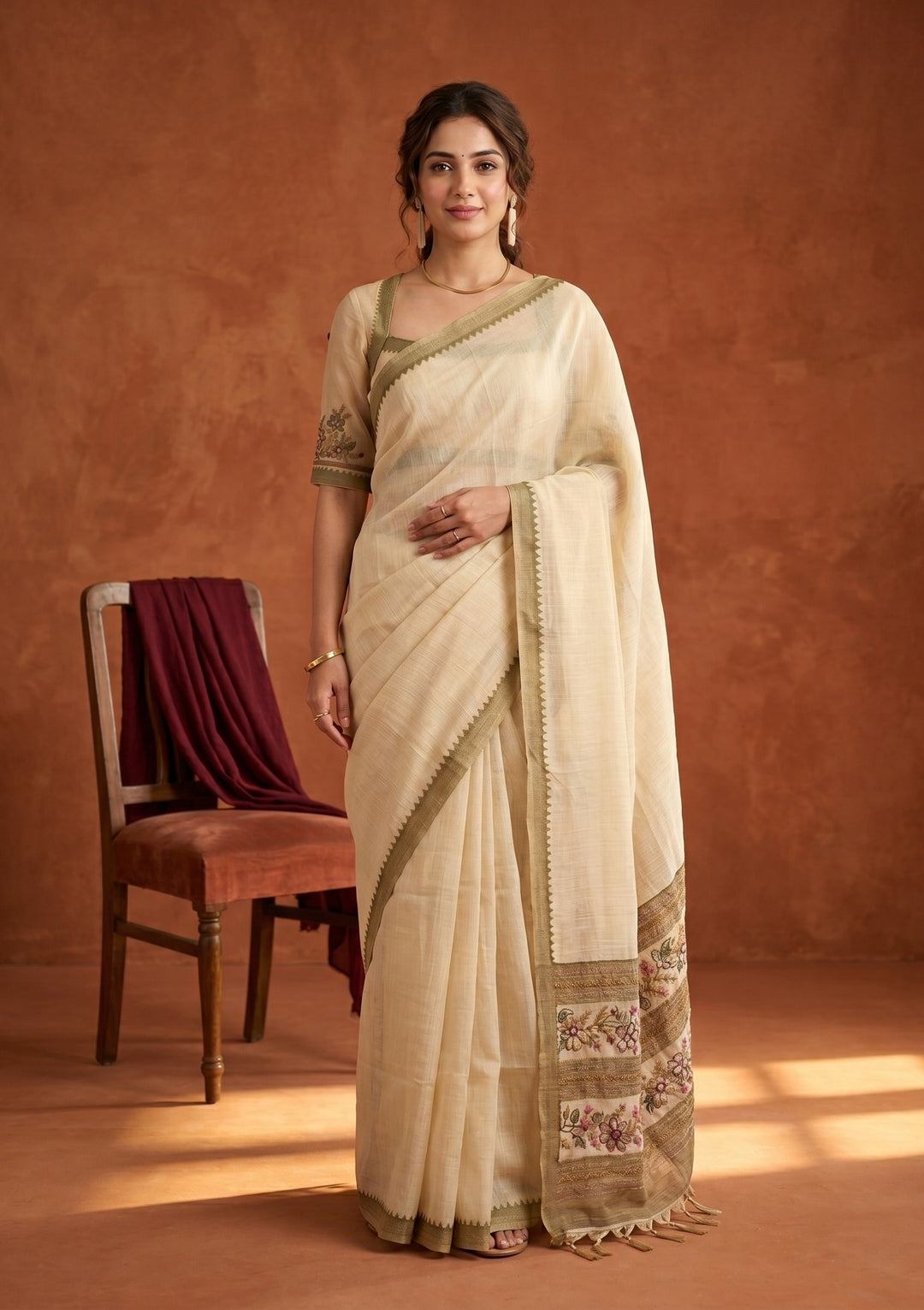 Beige Chanderi Threadwork Saree With Matching Blouse Piece