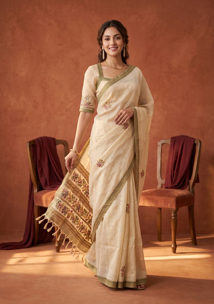 Beige Chanderi Threadwork Saree With Matching Blouse Piece