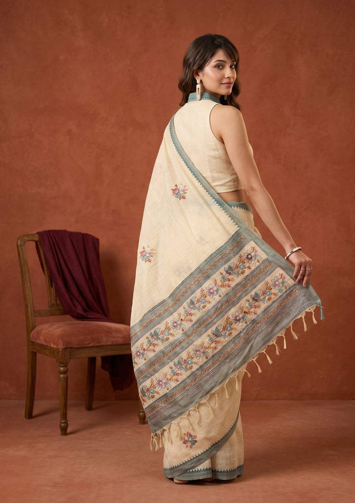 Beige Chanderi Threadwork Saree With Matching Blouse Piece