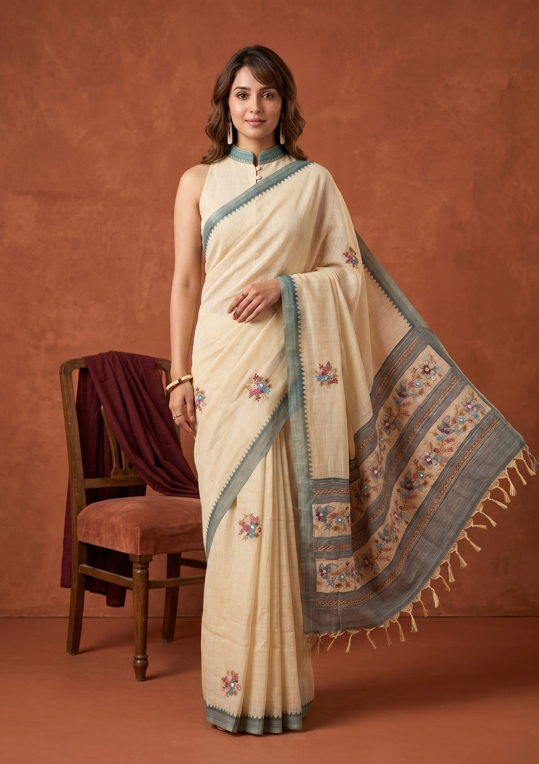 Beige Chanderi Threadwork Saree With Matching Blouse Piece
