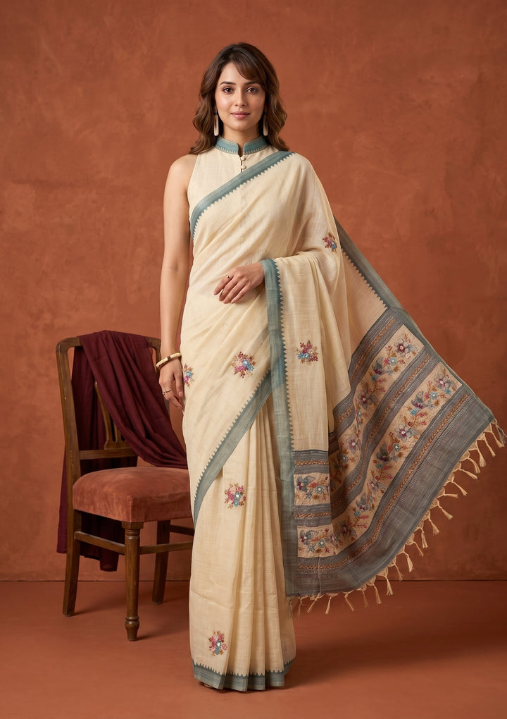 Beige Chanderi Threadwork Saree With Matching Blouse Piece