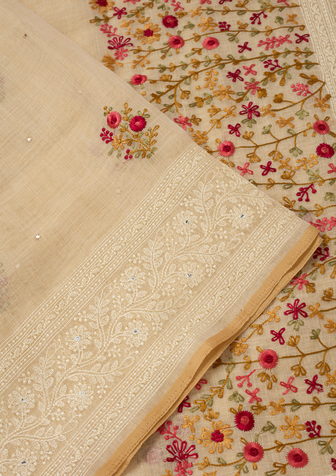 Beige Chanderi Threadwork Saree With Matching Blouse Piece