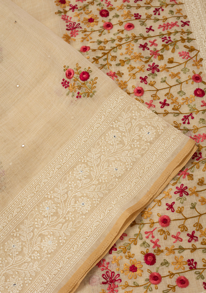 Beige Chanderi Threadwork Saree With Matching Blouse Piece