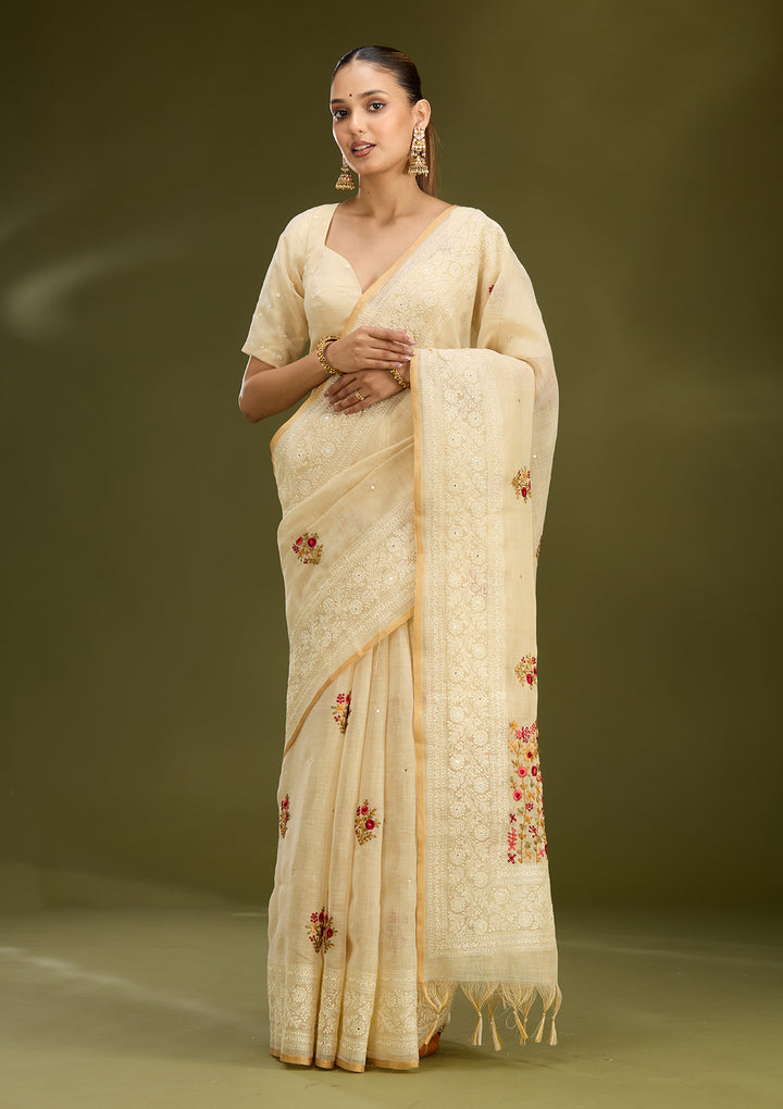Beige Chanderi Threadwork Saree With Matching Blouse Piece