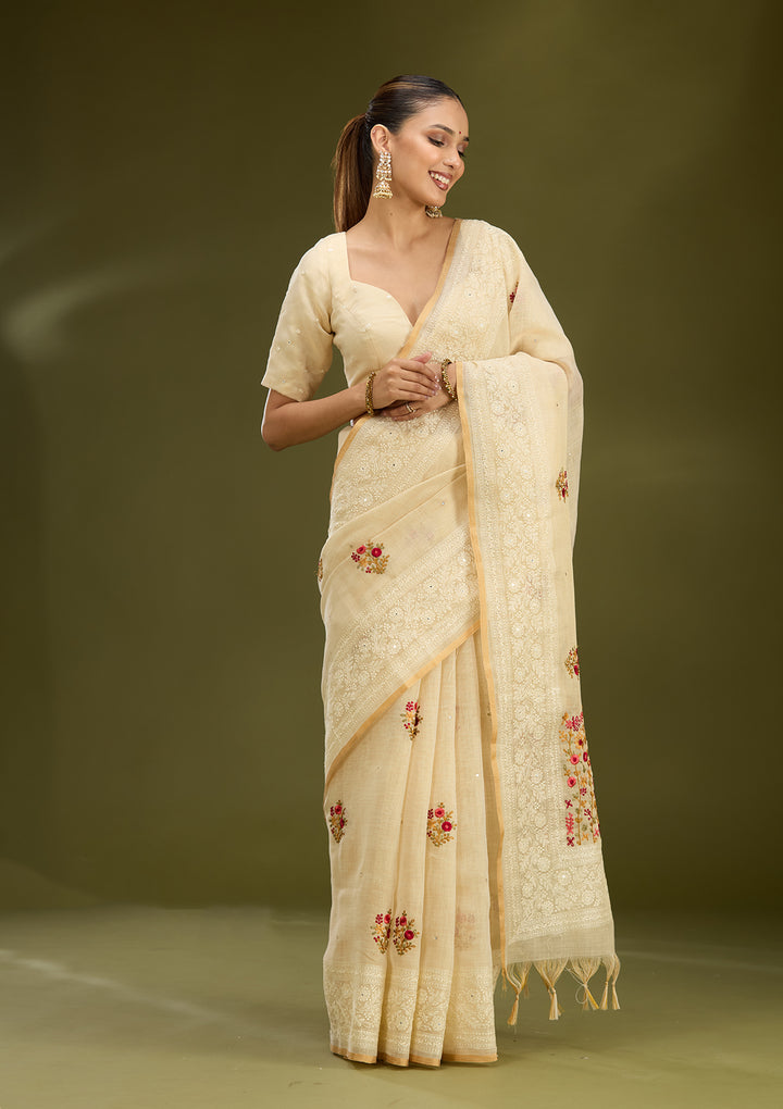 Beige Chanderi Threadwork Saree With Matching Blouse Piece