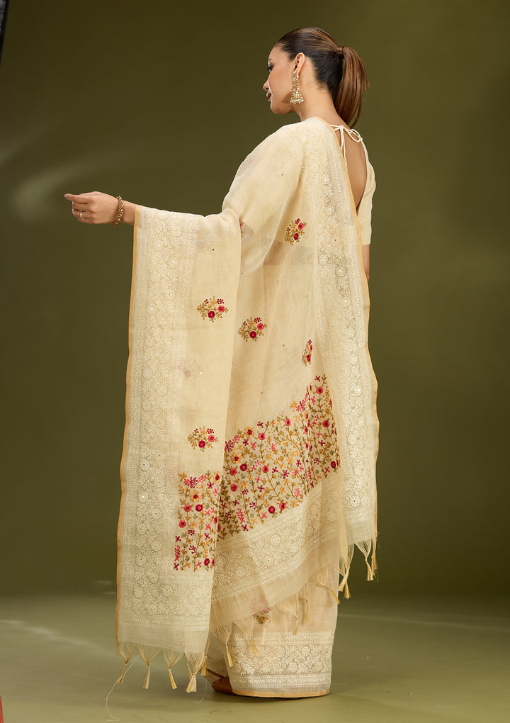 Beige Chanderi Threadwork Saree With Matching Blouse Piece