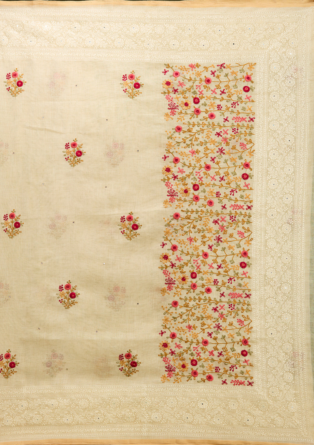 Beige Chanderi Threadwork Saree With Matching Blouse Piece
