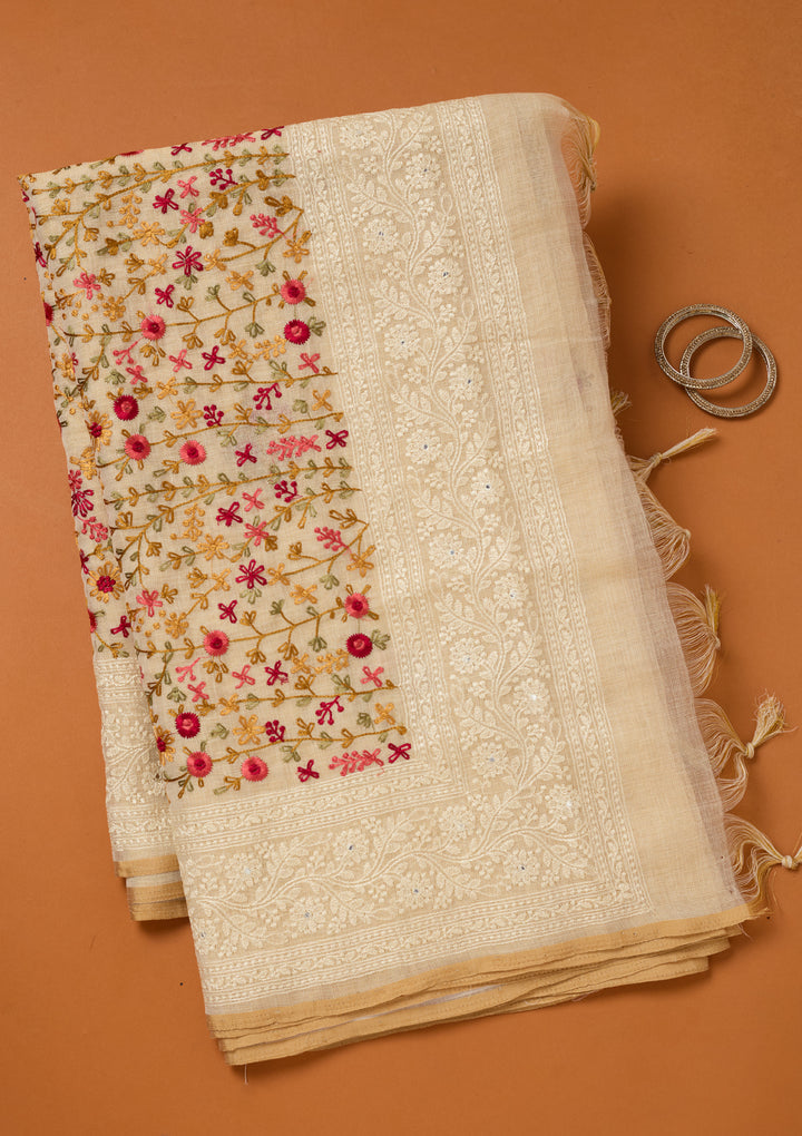 Beige Chanderi Threadwork Saree With Matching Blouse Piece