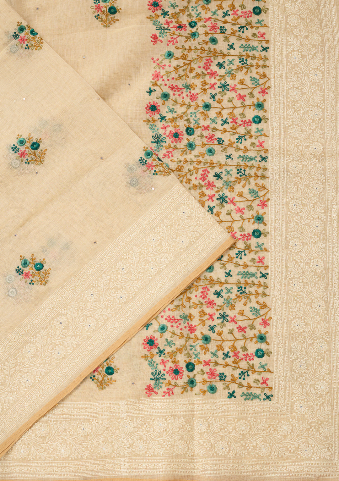 Beige Chanderi Threadwork Saree With Matching Blouse Piece