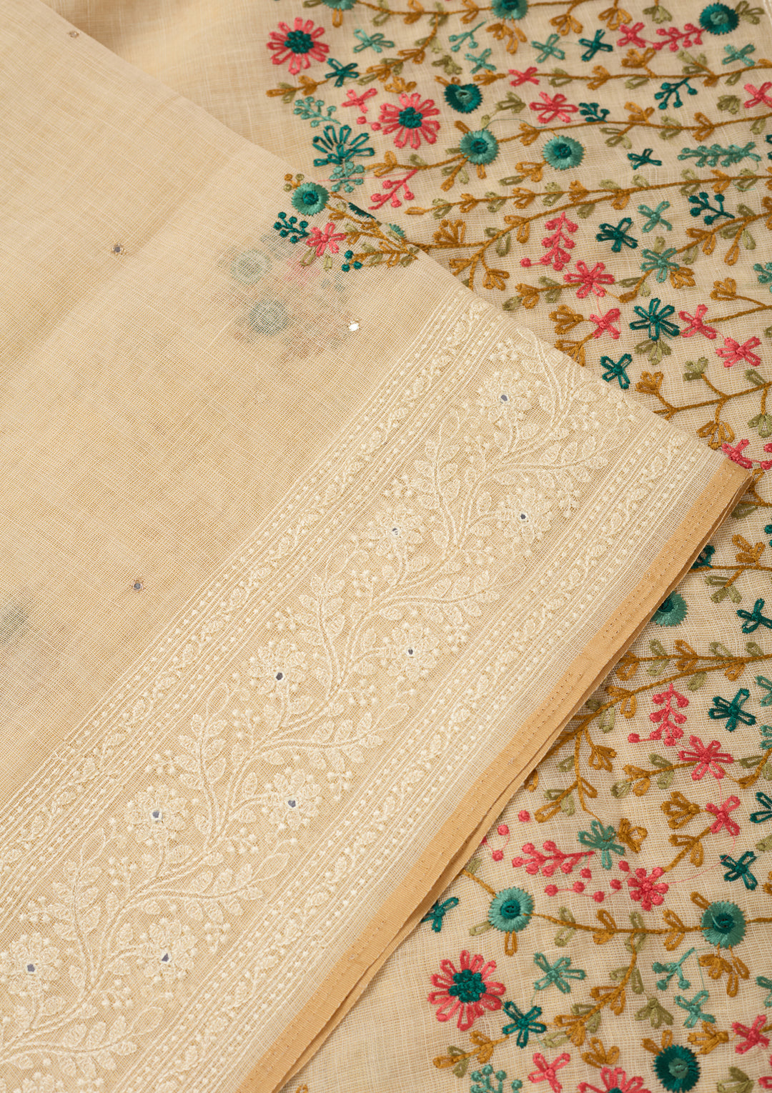 Beige Chanderi Threadwork Saree With Matching Blouse Piece