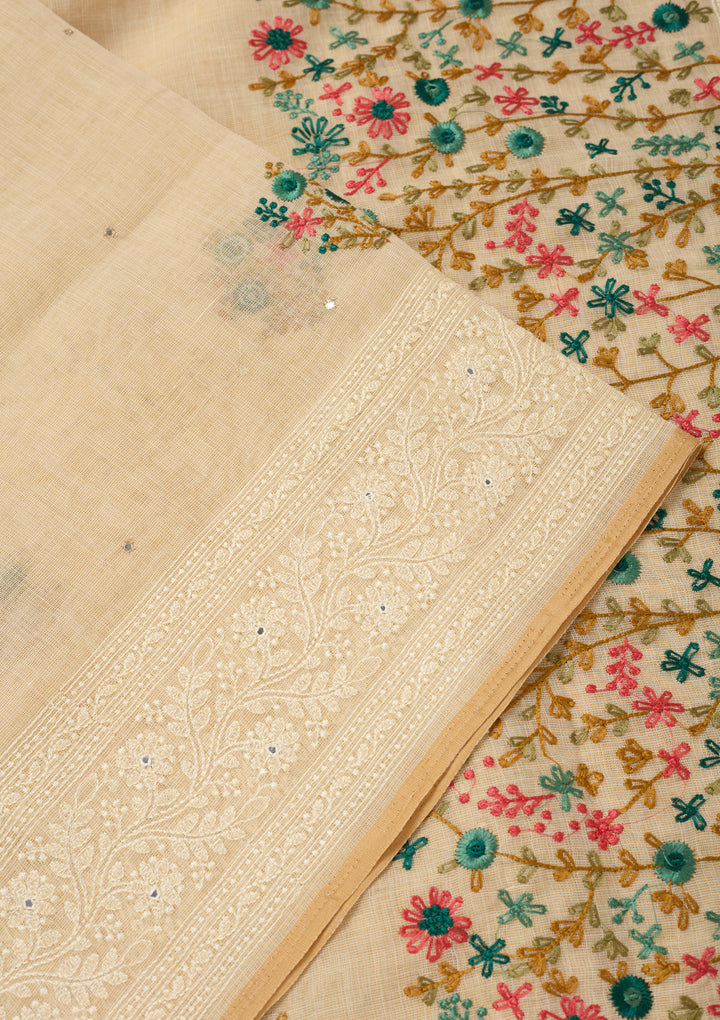 Beige Chanderi Threadwork Saree With Matching Blouse Piece
