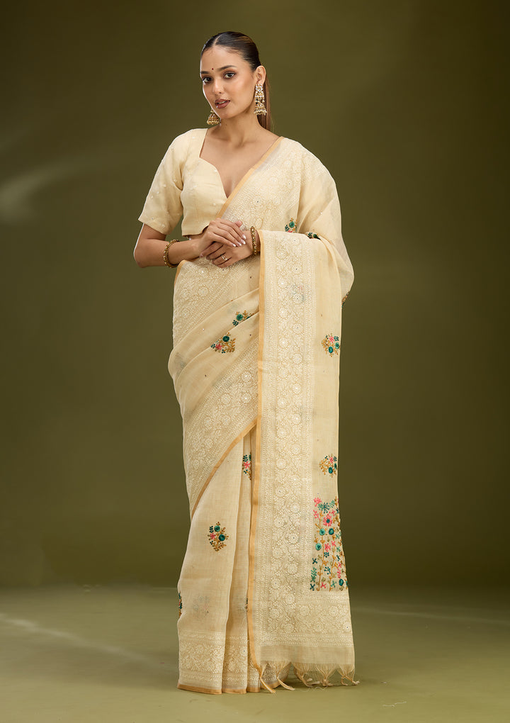 Beige Chanderi Threadwork Saree With Matching Blouse Piece