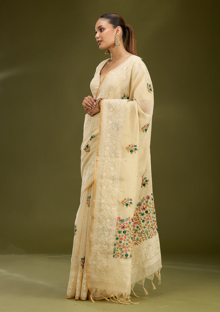 Beige Chanderi Threadwork Saree With Matching Blouse Piece