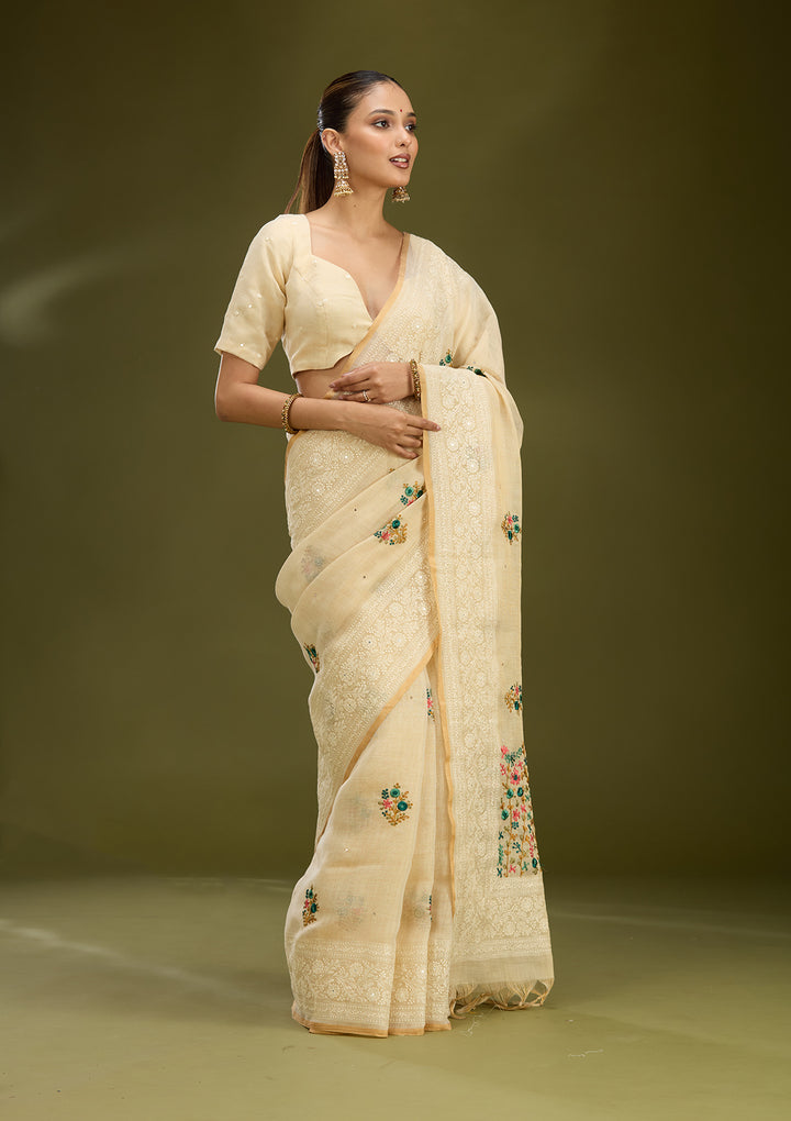 Beige Chanderi Threadwork Saree With Matching Blouse Piece