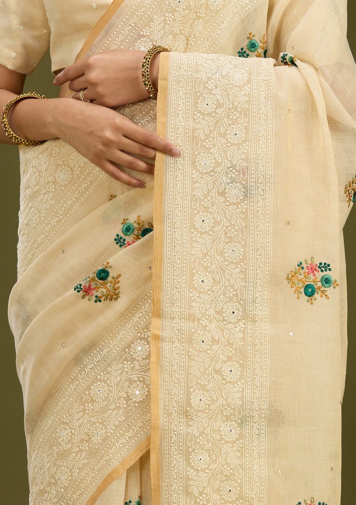 Beige Chanderi Threadwork Saree With Matching Blouse Piece