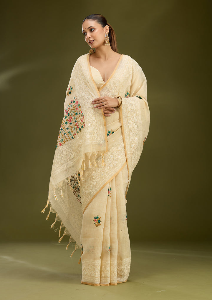 Beige Chanderi Threadwork Saree With Matching Blouse Piece