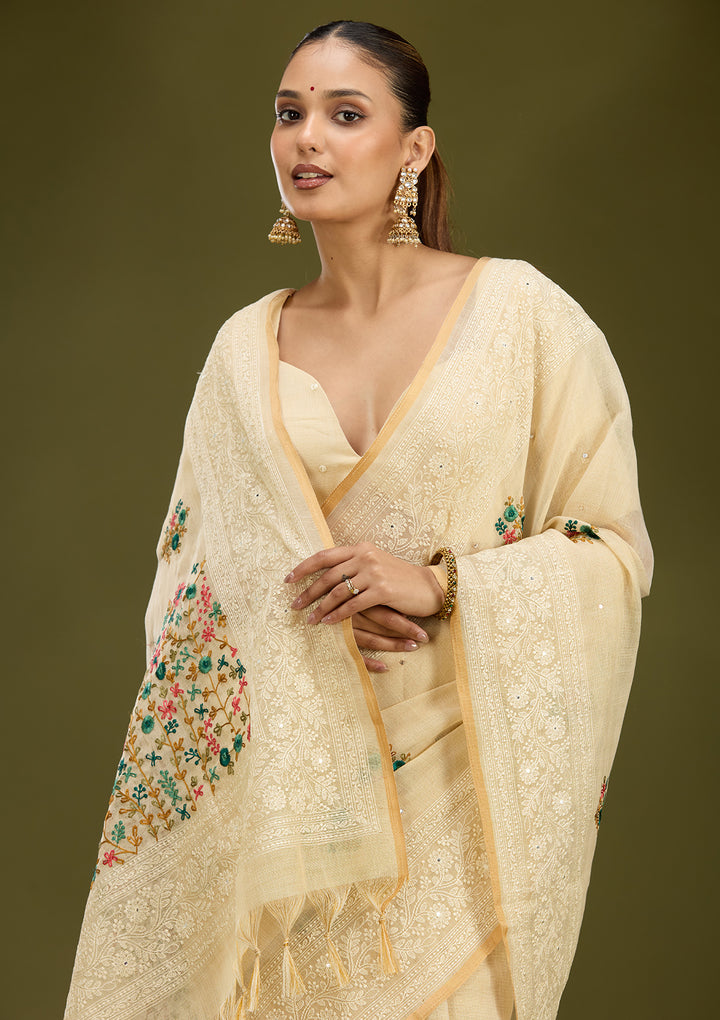 Beige Chanderi Threadwork Saree With Matching Blouse Piece