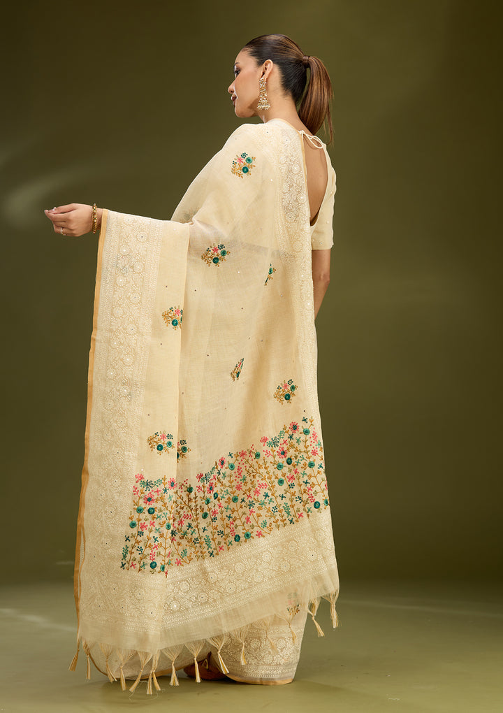 Beige Chanderi Threadwork Saree With Matching Blouse Piece