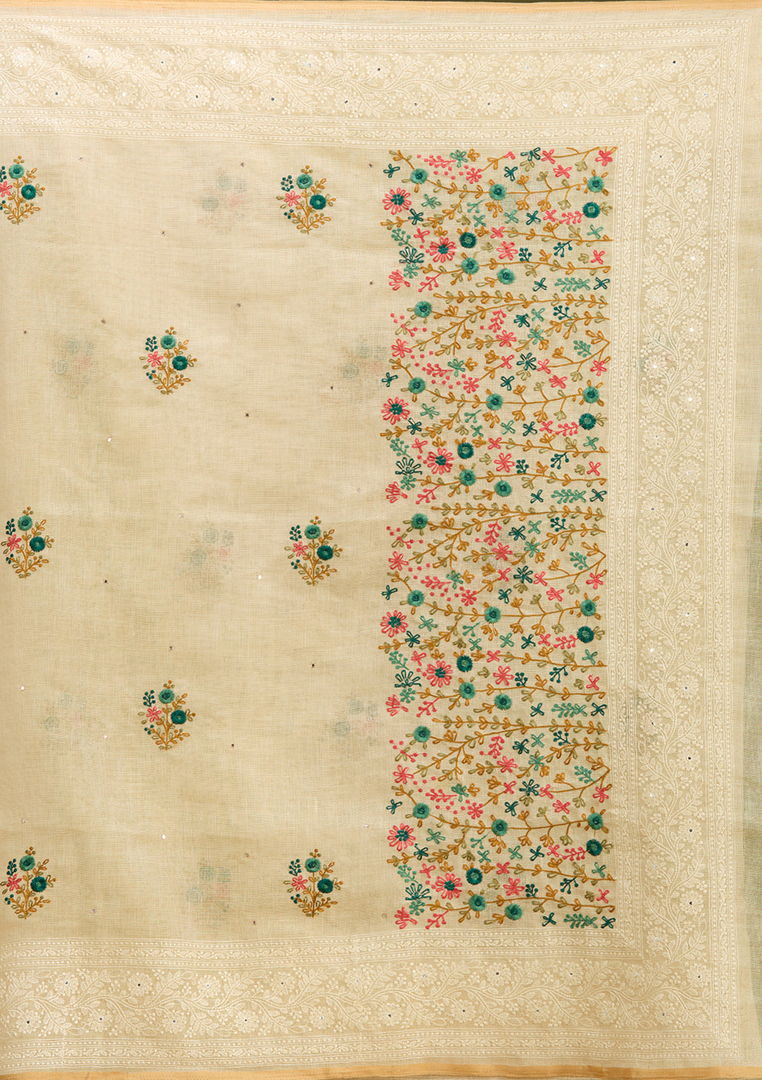 Beige Chanderi Threadwork Saree With Matching Blouse Piece
