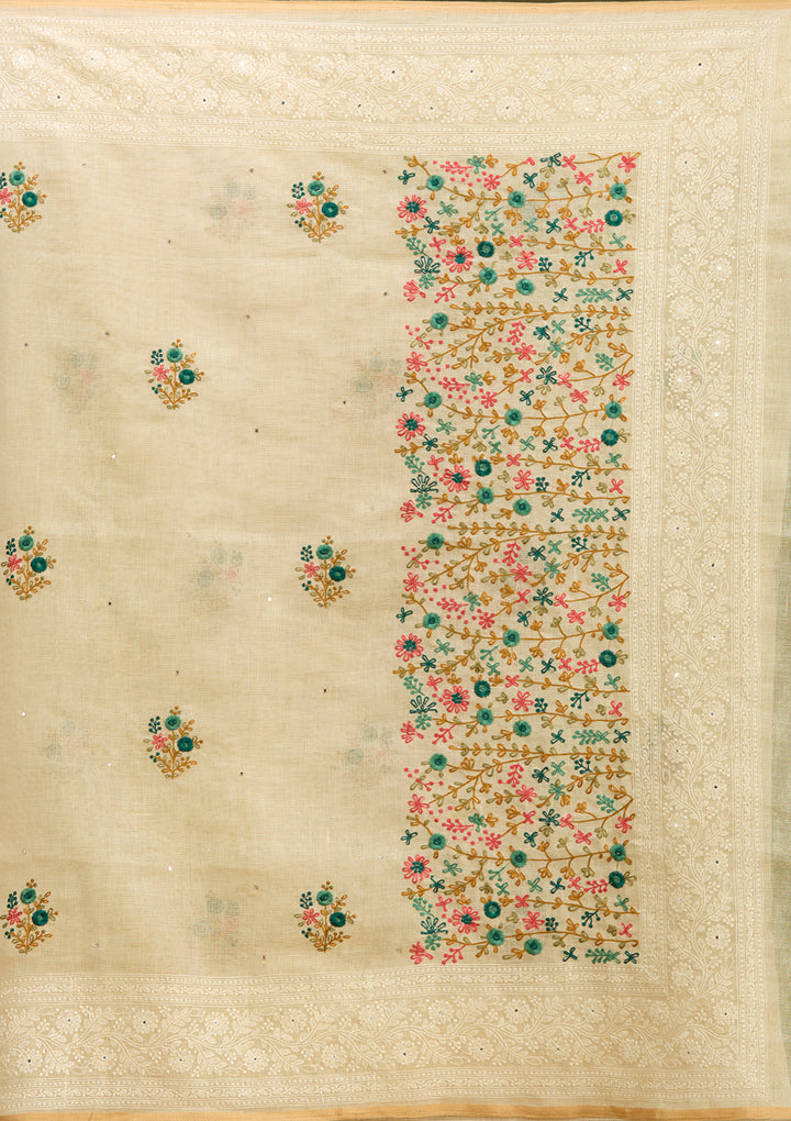 Beige Chanderi Threadwork Saree With Matching Blouse Piece