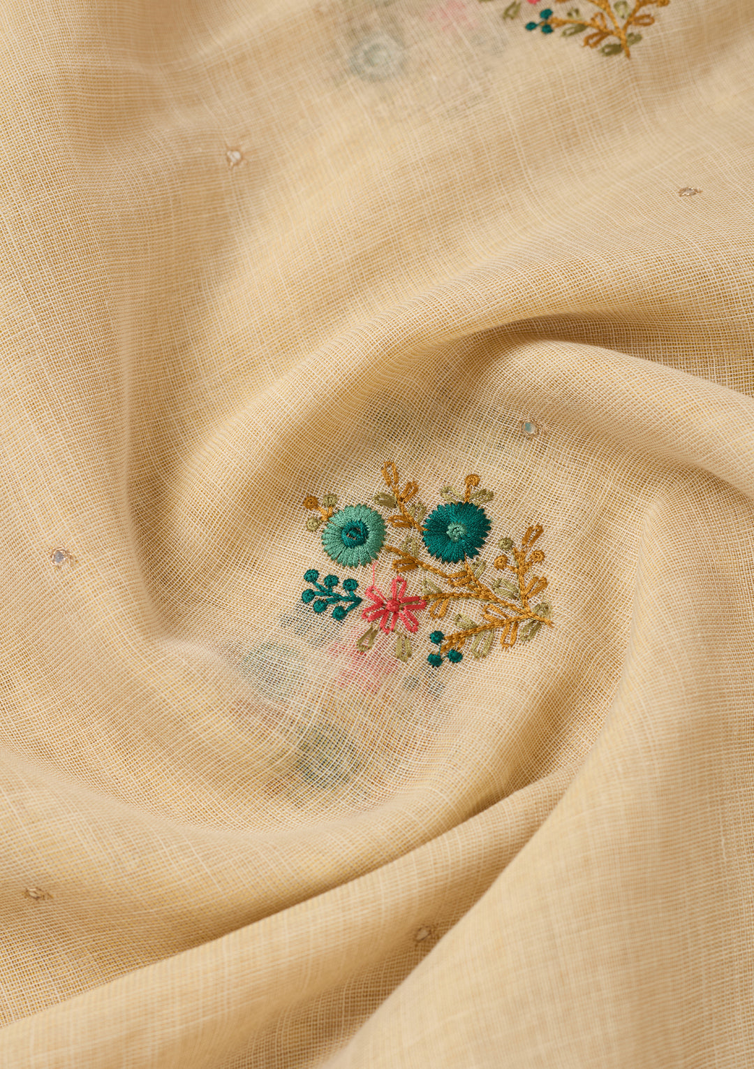 Beige Chanderi Threadwork Saree With Matching Blouse Piece