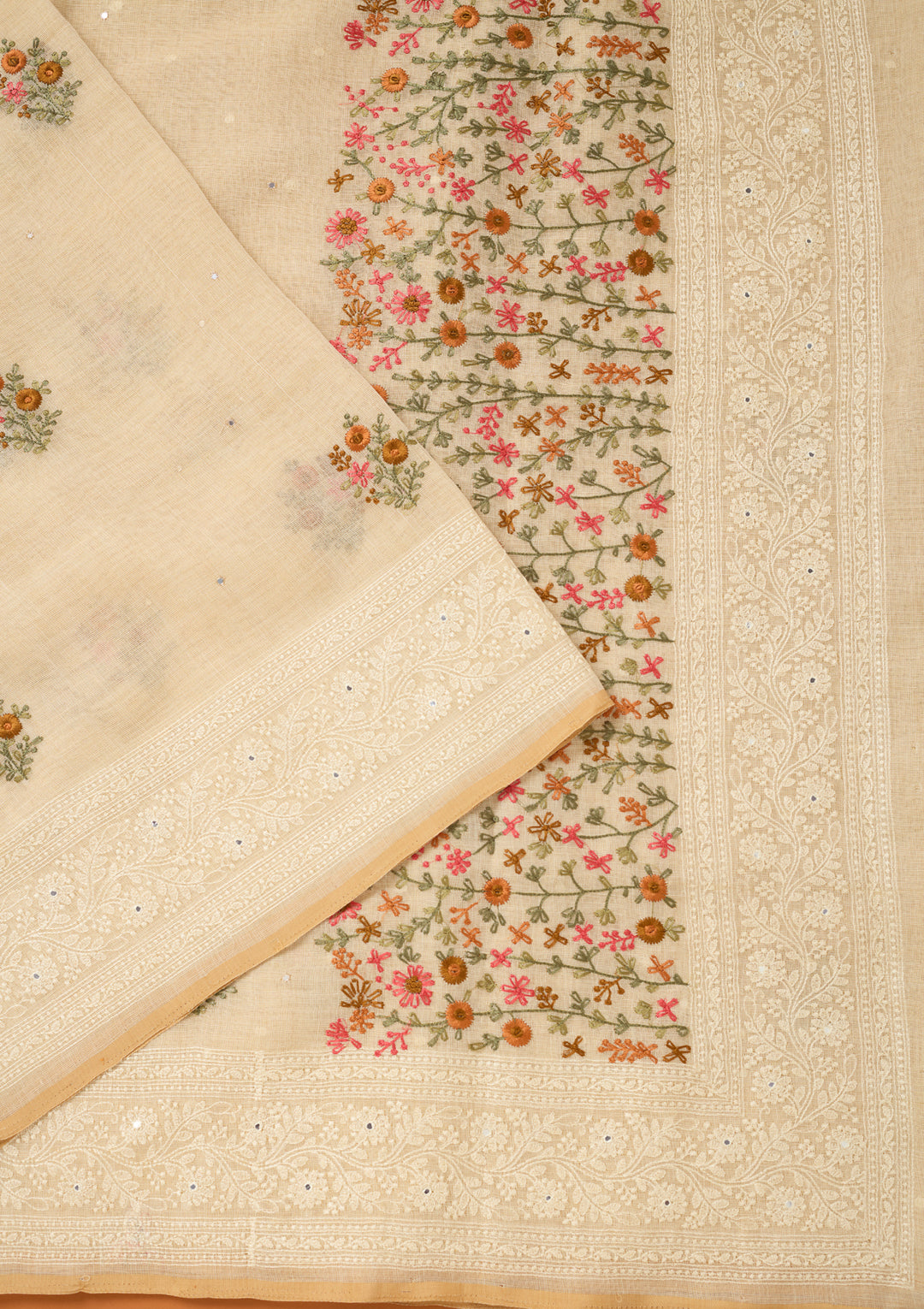 Beige Chanderi Threadwork Saree With Matching Blouse Piece