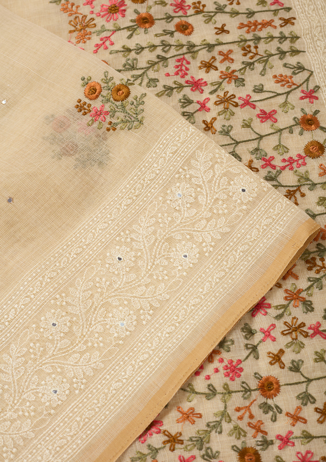 Beige Chanderi Threadwork Saree With Matching Blouse Piece