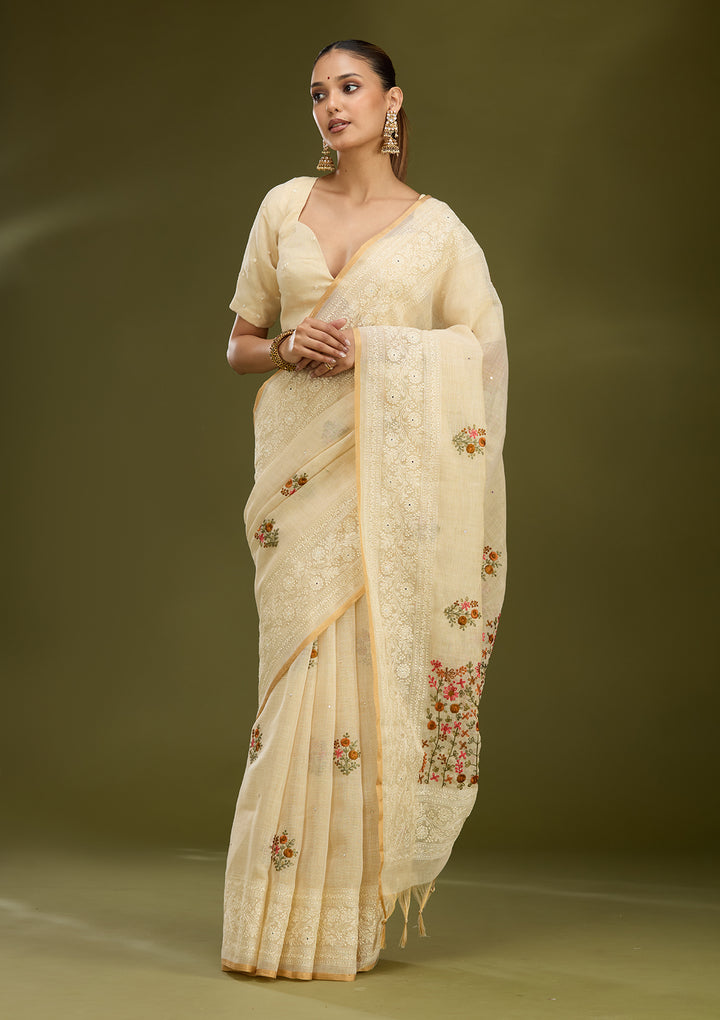 Beige Chanderi Threadwork Saree With Matching Blouse Piece