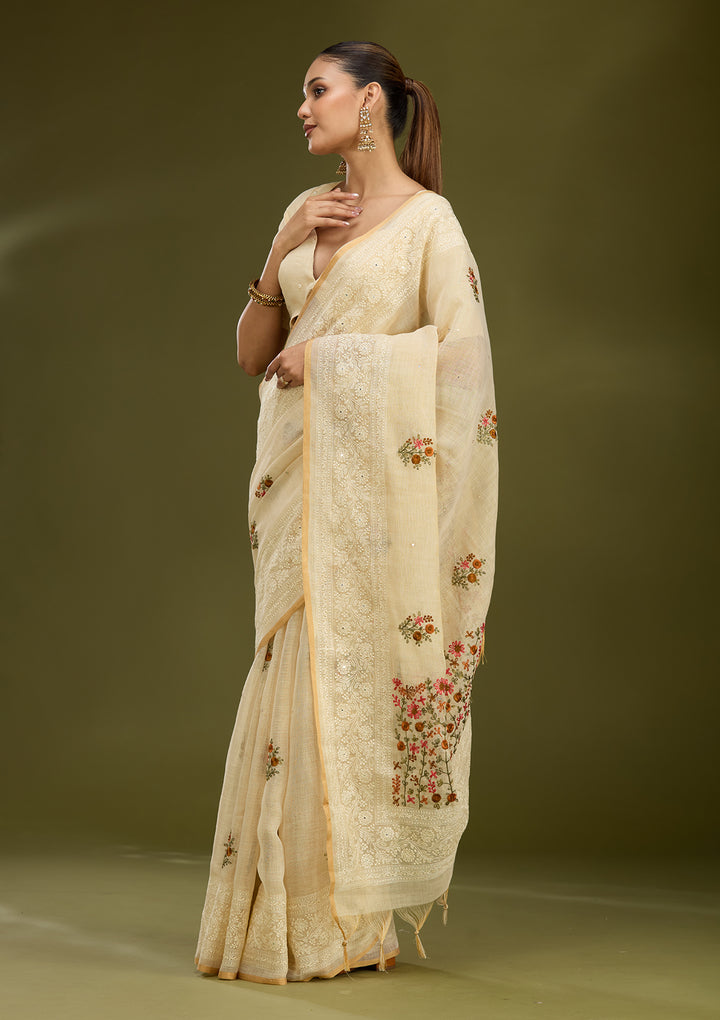 Beige Chanderi Threadwork Saree With Matching Blouse Piece