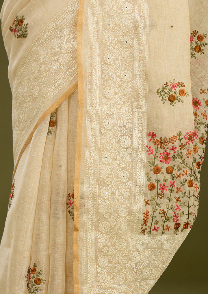 Beige Chanderi Threadwork Saree With Matching Blouse Piece