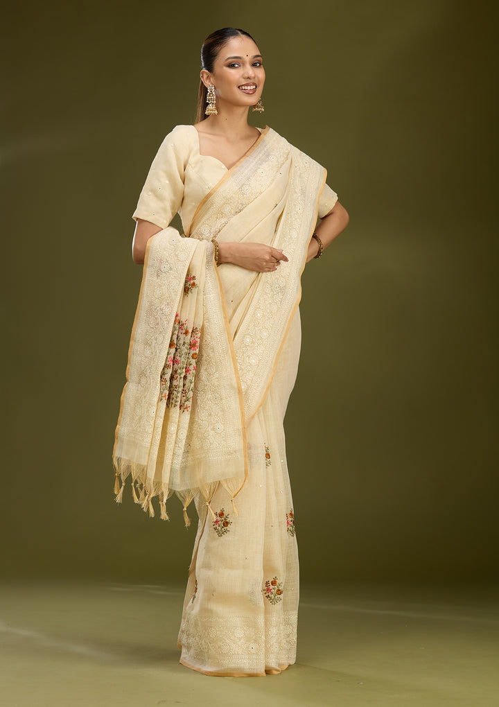 Beige Chanderi Threadwork Saree With Matching Blouse Piece