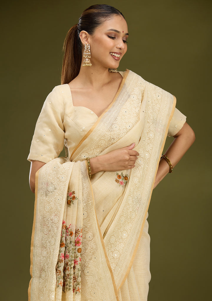 Beige Chanderi Threadwork Saree With Matching Blouse Piece