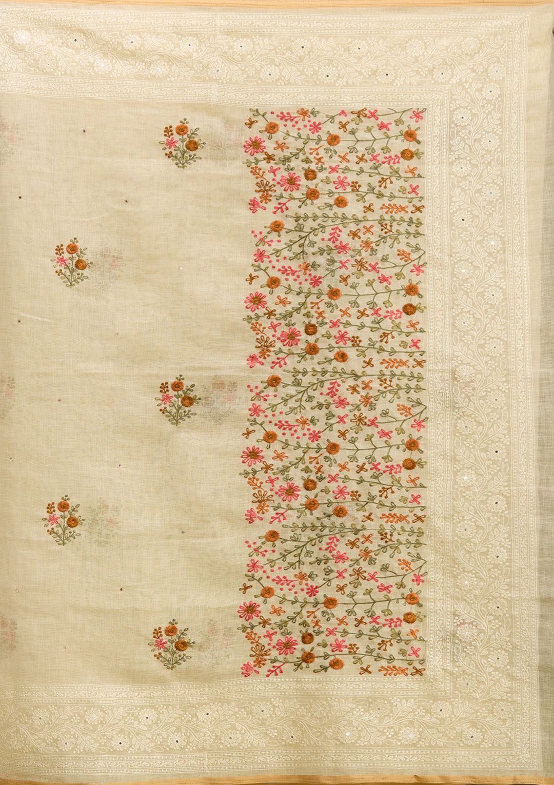 Beige Chanderi Threadwork Saree With Matching Blouse Piece