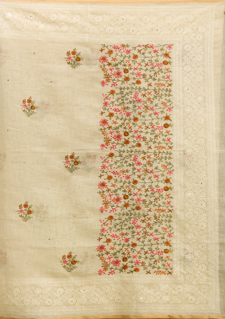 Beige Chanderi Threadwork Saree With Matching Blouse Piece