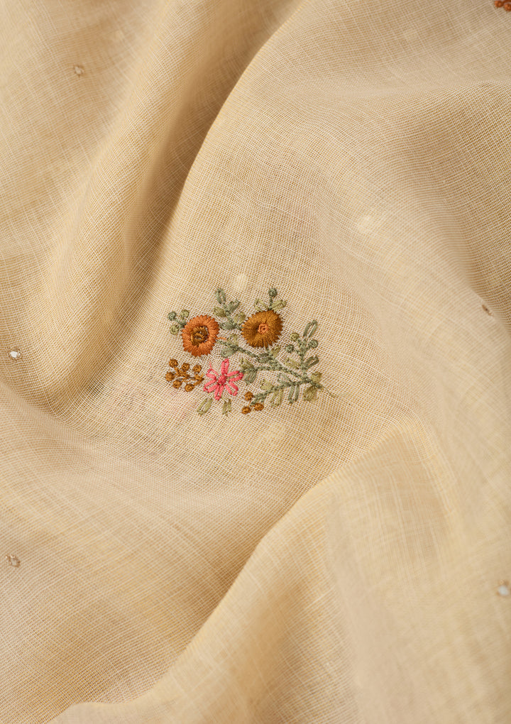 Beige Chanderi Threadwork Saree With Matching Blouse Piece