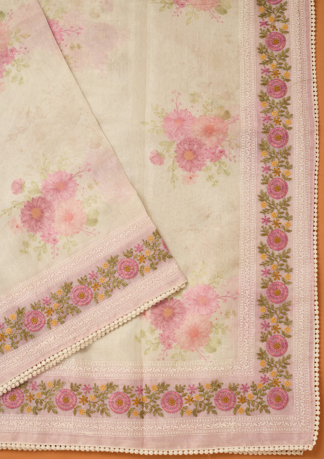 Baby Pink Chanderi Threadwork Saree With Matching Blouse Piece