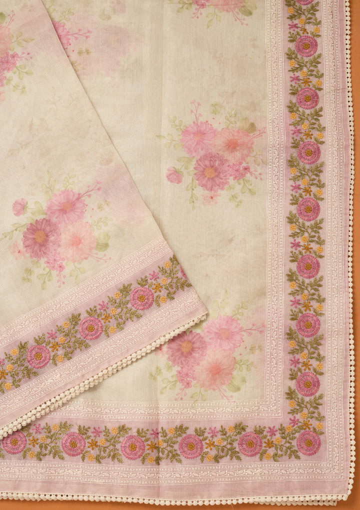Baby Pink Chanderi Threadwork Saree With Matching Blouse Piece