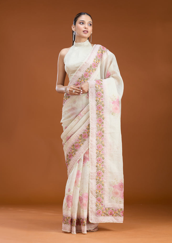 Baby Pink Chanderi Threadwork Saree With Matching Blouse Piece