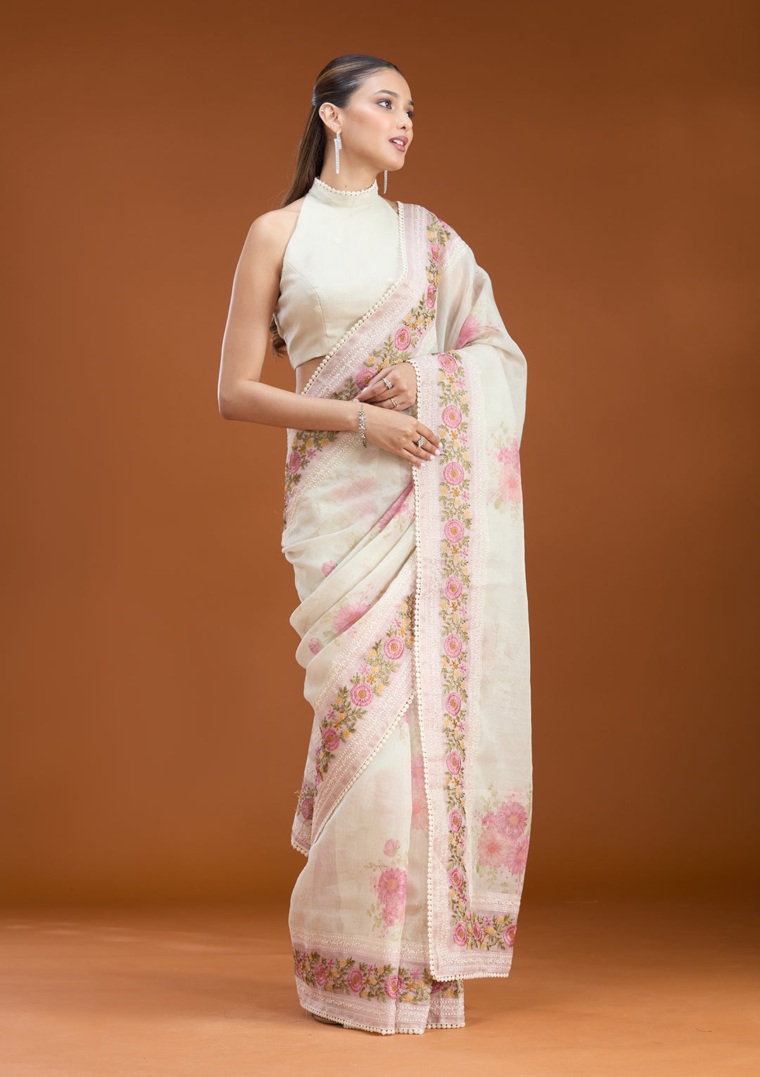 Baby Pink Chanderi Threadwork Saree With Matching Blouse Piece