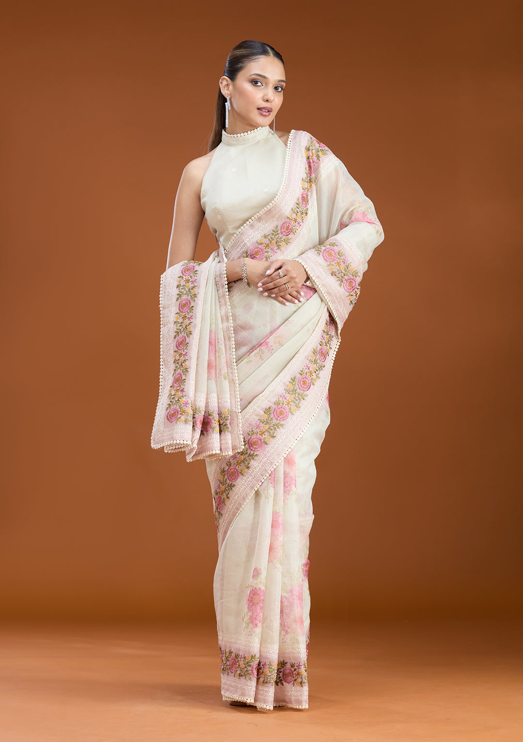 Baby Pink Chanderi Threadwork Saree With Matching Blouse Piece