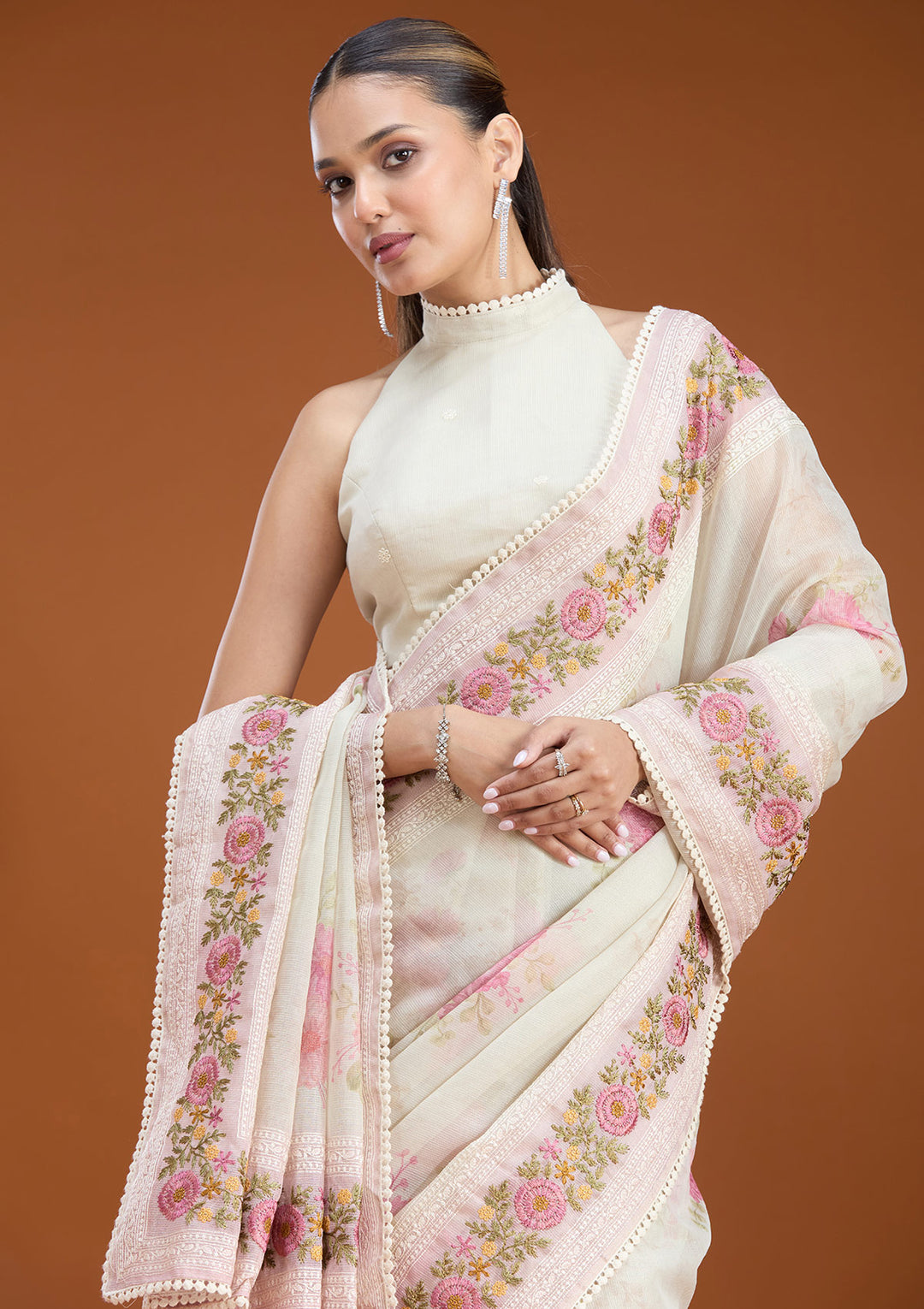 Baby Pink Chanderi Threadwork Saree With Matching Blouse Piece