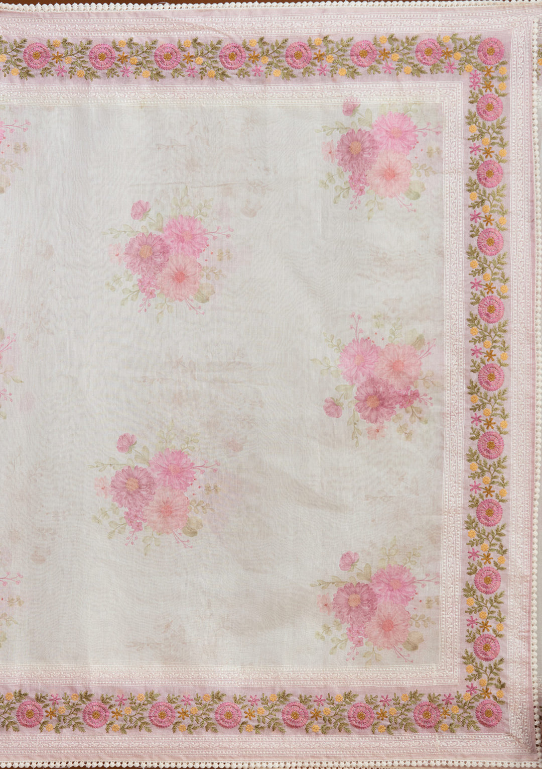 Baby Pink Chanderi Threadwork Saree With Matching Blouse Piece