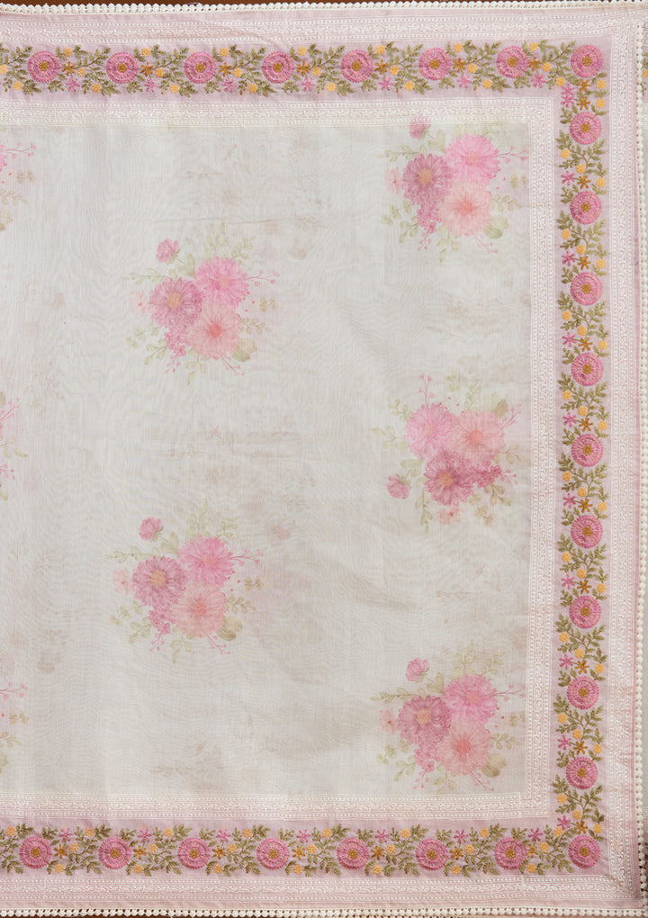 Baby Pink Chanderi Threadwork Saree With Matching Blouse Piece