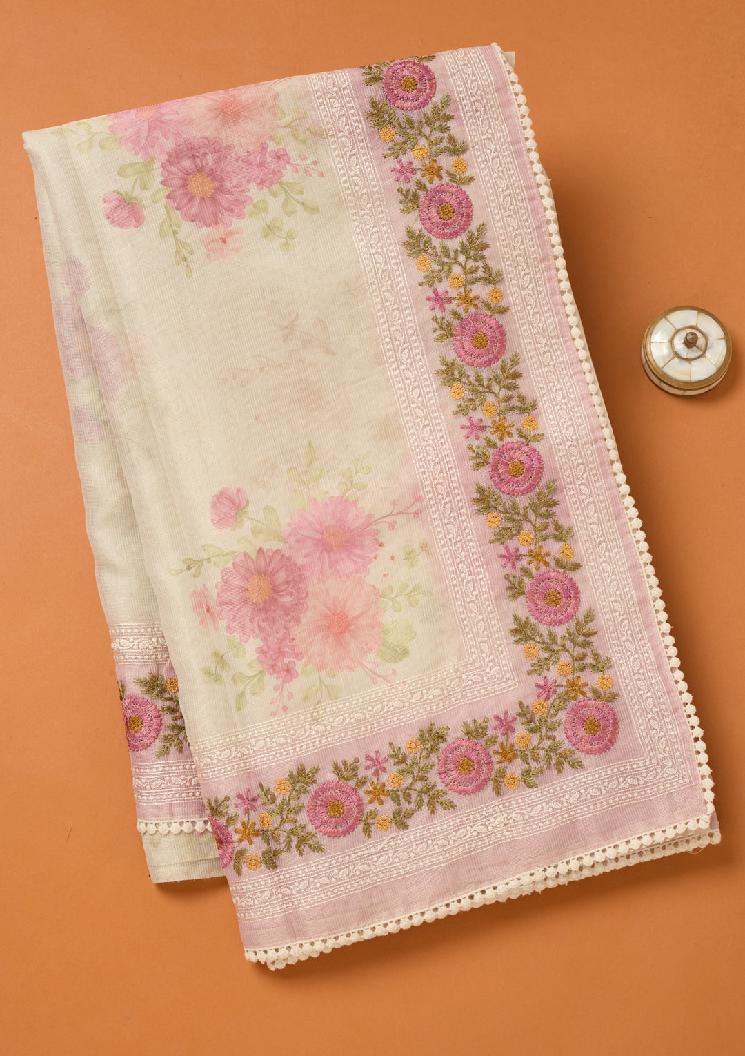 Baby Pink Chanderi Threadwork Saree With Matching Blouse Piece