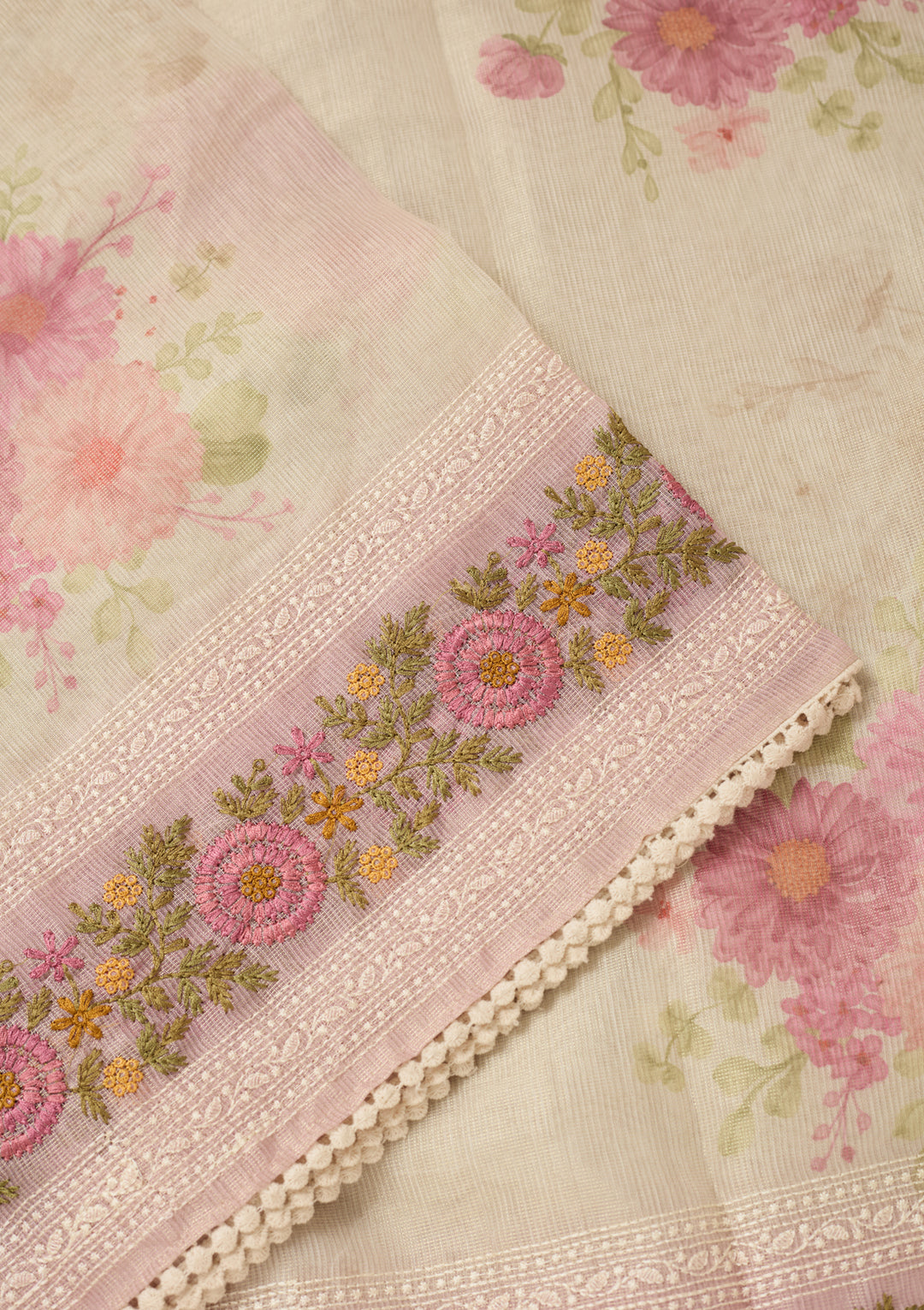 Baby Pink Chanderi Threadwork Saree With Matching Blouse Piece