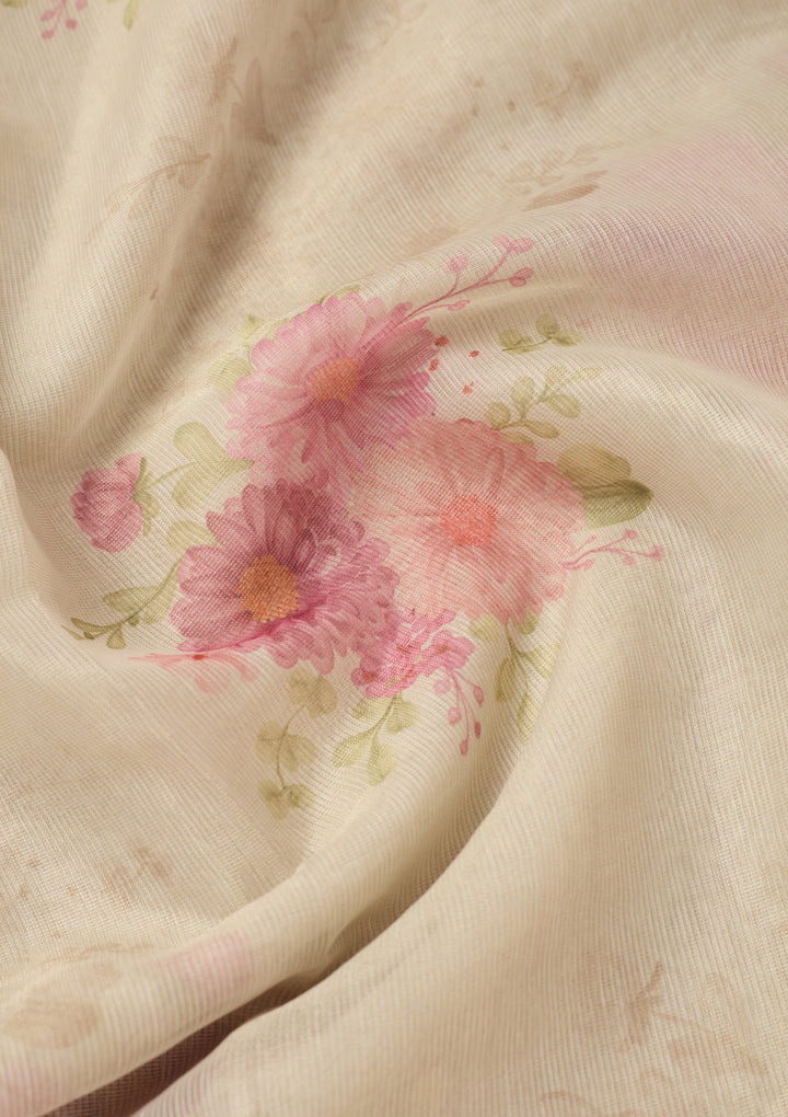 Baby Pink Chanderi Threadwork Saree With Matching Blouse Piece